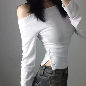 Top de punto asimétrico de moda para mujer, camisa de manga larga con abertura lateral y botones, transpirable, de secado rápido y elegante. - Product Image 4