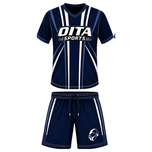 Ensemble short et maillot de rugby bleu marine et blanc, col en V, manches courtes, uniforme d'équipe respirant et léger, kit de sport personnalisé pour l'entraînement - Product Image 1