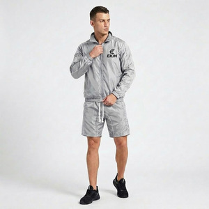 Custom Logo Men 3-Piece Lightweight Nylon <b>Track</b> Suit Loose Fit Hooded Jacket <b>T</b>-Shirt and Shorts Running Gym Wear Wholesale - Product Image 1