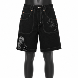 Custom <b>Black</b> Denim Jorts <b>Men</b> Baggy Gothic Streetwear Graphic Jean <b>Shorts</b> OEM ODM Private Label Wholesale - Product Image 1