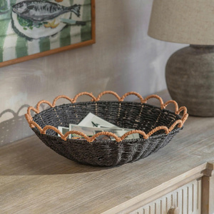 Red <b>Wicker</b> Paper Tray With Scalloped Edge Handwoven Decorative <b>Basket</b> Serving Tray Home Storage Organizer - Product Image 2