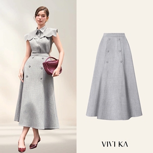 Falda Midi de Cintura Alta para Mujer, Corte en A, Color Gris Sólido, Botones al Frente, Estilo Elegante para Oficina, Tejido de Poliéster, MELA - Product Image 1