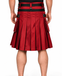 Kilt en cuir véritable pour homme, noir et rouge, couleur unie, avec chaînes, poches, sangles réglables, boucles, personnalisable, coupe classique, style européen - Product Image 2