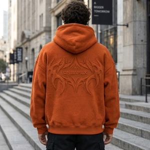 <b>Men's</b> <b>Orange</b> Oversized Embossed Hoodie Streetwear Pullover <b>Sweatshirt</b> Front Logo Design Wholesale Apparel - Product Image 3
