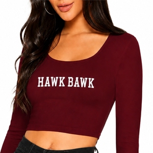 Custom Women's Crop <b>Top</b> <b>Long</b> <b>Sleeve</b> Scoop Neck Maroon Casual Trim Square Collar Short <b>Sleeve</b> <b>Stretch</b> Wear For Women Crop <b>Top</b> - Product Image 1