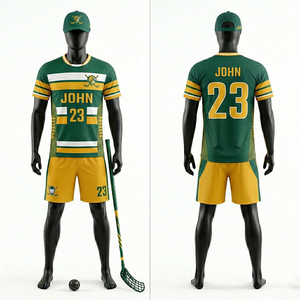 Uniforme de Floorball para Hombre, Tela Interlock de Poliéster Premium GSM, Paneles Laterales de Malla Verde, Amarillo y Blanco, Logotipo Personalizado con Transferencia Térmica - Product Image 1