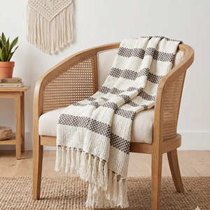 Manta de Sofá Tejida a Mano con Rayas Multicolores de Algodón Natural para Colecciones de Decoración del Hogar de Estilo Costero, Rústico y Contemporáneo - Product Image 5