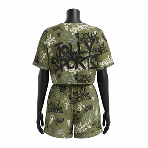 Ensemble court pour femme, crop top et short, jersey coton polyester GSM, imprimé vert street, logo personnalisé par transfert thermique, 100% coton. - Product Image 2