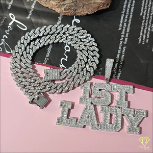 Collier pendentif de luxe « 1st Lady » avec chaîne cubaine sertie de pierres, bijoux hip-hop pour femmes et hommes - Product Image 2