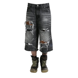 <b>Men's</b> Distressed Ripped Denim Jorts Grunge Punk Streetwear Knee-Length <b>Shorts</b> for <b>Men</b> Custom OEM ODM Supplier for Urban Fashion - Product Image 1