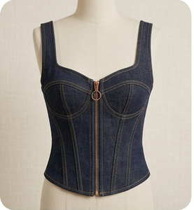 Denim <b>Patchwork</b> Corset Dress Zip Front Sleeveless Casual Dress for Streetwear Boutique - Product Image 1