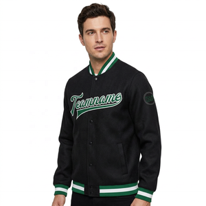 Veste universitaire noire personnalisée pour homme, bordure verte et blanche, nom de l'équipe brodé, style preppy, fermeture boutonnée, coupe classique, vêtement d'automne - Product Image 1