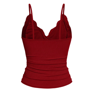 Camiseta sin mangas de encaje acanalado para mujer, cuello en V, elástica, ajustada, suave, transpirable, informal, para verano, color rojo vino - Product Image 1