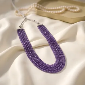 Collar de 5 capas con cuentas de circonita azul y cadena Sarafa chapada en oro, joyería nupcial india tradicional para mujer - Product Image 1