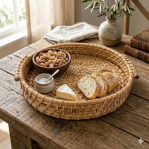 Handcrafted Cane Rattan Bamboo Serving Tray Decorative Multipurpose Tray for Home Kitchen <b>Table</b> Decor - Product Image 5