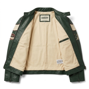 Chaqueta de Cuero Verde Estilo Bomber con Diseños de Parches Bordados, Cuello Alto, Cierre de Cremallera, Estilo Moto, Ropa de Otoño, Proveedor al por Mayor - Product Image 5