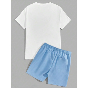 Ensemble décontracté d'été pour homme : T-shirt blanc en coton respirant imprimé et short bleu clair, col rond, tricoté, couleur unie - Product Image 2