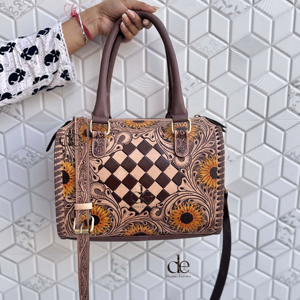 New Unique Designer Hand Tooled Carving Leather Speedy Handbag Gypsy Boho Floral Chess Pattern Western Stylish Women Uses Ba - Product Image 1