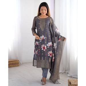 Ensemble Salwar Kameez pakistanais et indien, haut, bas et dupatta, prêt à porter, couleur GRIS, décontracté, pour les fêtes et les occasions spéciales, FATEMA FASHION - Product Image 1