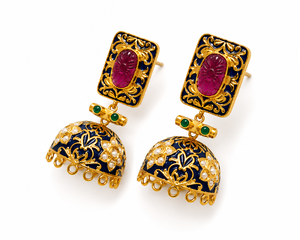 Handcrafted Blue Enamel Jhumka Earrings | Carved Pink Stone & Green <b>Emerald</b> Accents | Traditional Heritage Jewelry for Women - Product Image 2