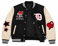 Veste de baseball Varsity pour homme, noire, style bomber, manches contrastées, col et poignets côtelés, boutons pression, logo personnalisé, streetwear