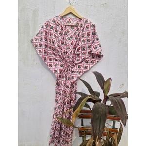 Floral <b>Indian</b> Cotton <b>Kaftan</b> Dress: Hand Printed, Free Size - Product Image 1