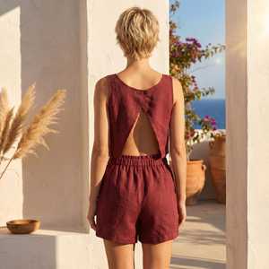 Ensemble 2 pièces en lin pour femme, rose, débardeur court sans manches et short, col carré, coupe ample, décontracté, printemps-été, respirant - Product Image 4