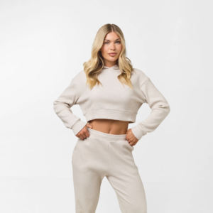 Conjunto de Top Corto Informal con Capucha para Mujer, Sudadera Holgada y Pantalones con Lavado Ácido, Color Marfil, 100% Algodón Felpa - Product Image 6