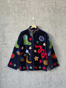 100% Cotton <b>Knitted</b> Bomber Jacket Hand Embroidery Floral & <b>Animal</b> Print Snake Navy Jacket <b>Pattern</b> Women's Fashion Outerwear - Product Image 3
