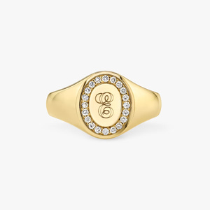 Gold Monogram Signet <b>Ring</b> Round Diamond Halo Engraved Letter <b>Ring</b> Custom <b>Name</b> Jewelry Gift - Product Image 2