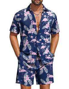 Camisa de manga corta con botones y solapa para hombre, azul marino, rosa, con estampado de hojas tropicales y flamencos, conjunto de 2 piezas con pantalones cortos a juego, estilo hawaiano informal - Product Image 3