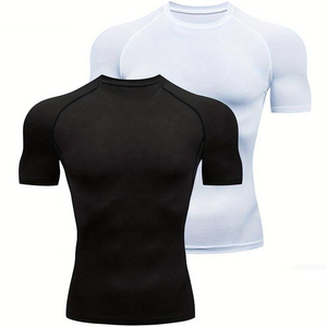 Men's Black Short Sleeve <b>Compression</b> <b>Shirt</b> Quick Dry Polyester Rash Guard for Gym Fitness Training - Product Image 2