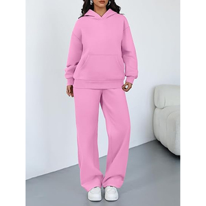 Women's <b>Pink</b> Hooded 100% Cotton <b>Tracksuit</b> Set Full Sleeve Solid Color Casual Loose Fit Sweatshirt Pants - Product Image 5