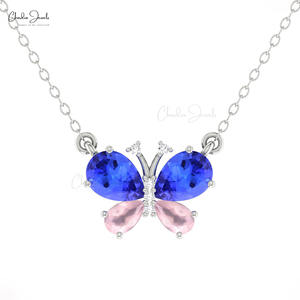 Collier en or fin 14 carats avec quatre pierres précieuses tanzanite et quartz rose de 7x5 mm, pendentif papillon serti de diamants blancs - Product Image 2