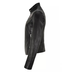 Women's Black Genuine <b>Leather</b> Moto <b>Jacket</b> Full Sleeve Stand Collar Zipper Closure Autumn Style - Product Image 2