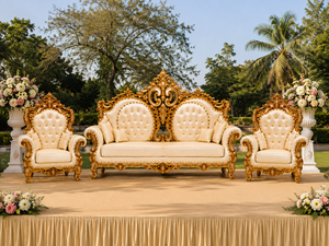Ensemble de canapés Maharaja en or blanc luxueux pour scène de mariage, meubles sculptés royaux pour la réception des mariés, décoration d'événements USA - Product Image 3