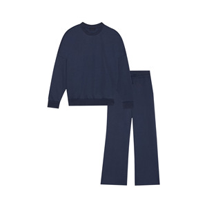 Women's Navy Blue 100% Cotton Crewneck Sweatshirt and Sweatpants Set Full Length Loose Fit Casual <b>Tracksuit</b> with Side Pockets - Product Image 3