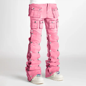 Men's <b>Jeans</b> Custom Fashionable Zipper Multi pockets with metal <b>buttons</b> washed 14 oz baggy <b>jeans</b> streetwear style for men - Product Image 5