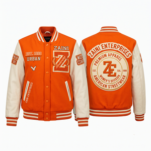 Veste universitaire pour femmes en mélange de laine premium 650 GSM, manches en cuir orange crème, logo personnalisé brodé - Product Image 1