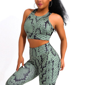 Snake Print Yoga Set High Waist Leggings Racerback Crop Top 2 Piece Activewear Spandex Polyester Full Length Animal Pattern - Product Image 2