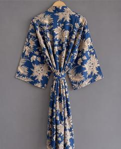 Nouvelle Arrivée Robe Kimono Femme en Coton Pur à Imprimé Floral, Manches Trois-Quarts, Coupe Ample, Enroulée sur le Devant, Ceinturée, Longue, Tissée - Product Image 1