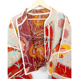 Handcrafted Unisex Cotton Quilted Printed Patchwork Bohemian <b>Kantha</b> Kimono <b>Jacket</b> Autumn/Spring/Summer/Winter Vintage Floral - Product Image 4