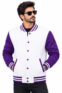 Chaqueta Varsity de Otoño para Hombre, Color Blanco y Morado, con Botones Frontales, Forro de Satén, Cuello Alto, Estilo Béisbol - Product Image 5