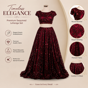 Luxury Maroon Embroidered <b>Sequin</b> Lehenga Choli Designer Women Wedding Party Wear Traditional Indian Ethnic Bridal Festive Outfit - Product Image 5