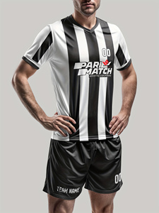 Custom Sublimated Black <b>White</b> Striped Soccer Jersey Set Men's V-Neck Short Sleeve Breathable Polyester Team Uniform - Product Image 3
