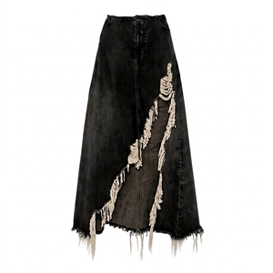 Jupe longue en jean vintage délavé taille haute pour femme, coupe droite, décontractée, avec rivets, respirante, écologique, 100 % coton - Product Image 6