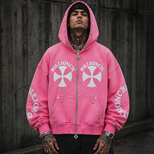 <span class=keywords><strong>Sweat</strong></span> <span class=keywords><strong>à</strong></span> <span class=keywords><strong>capuche</strong></span> zippé pour homme, coupe ample, 100% coton, style streetwear épais, avec motif graphique sur les manches, effet vieilli et délavé vintage, avec logo <span class=keywords><strong>personnalisé</strong></span> - Product Image 4