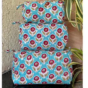 Boho Floral Block Print Quilted Cotton <b>Toiletry</b> Bag Set of 3 Sizes Multi Function Cosmetic Travel <b>Storage</b> Gift Daily Use Unisex - Product Image 1