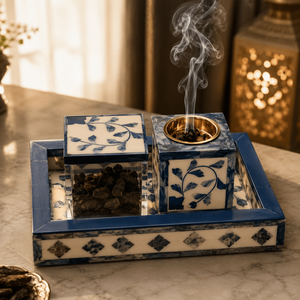 Contemporary Bone Inlay <b>Bakhoor</b> Burner Set with Wooden Tray Geometric Resin Arabic Incense Burner <b>Oud</b> Burner Home Decor Eid Gift - Product Image 2