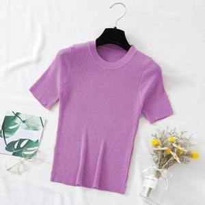 T-shirt côtelé élégant à col rond pour femme, manches courtes, essentiel d'été, nouvelle collection - Product Image 1